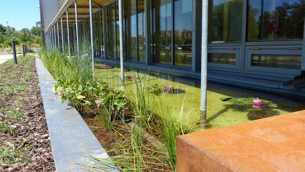 bassin devant un bâtiment