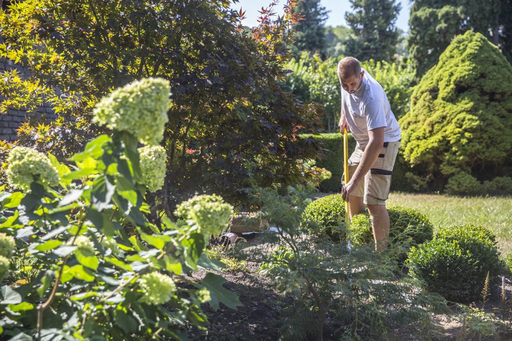 homme en train de ratisser